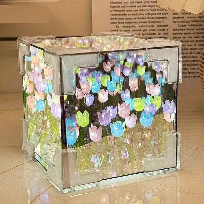 DIY Tulip Mirror Cube Lamp LED Night Light Mirror Table Lamps for Girlfriend Couple Girlfriends Table Lamps Bedroom Decoration