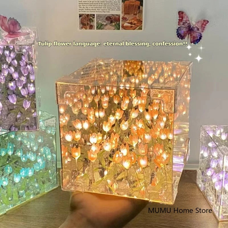 DIY Tulip Mirror Cube Lamp LED Night Light Mirror Table Lamps for Girlfriend Couple Girlfriends Table Lamps Bedroom Decoration
