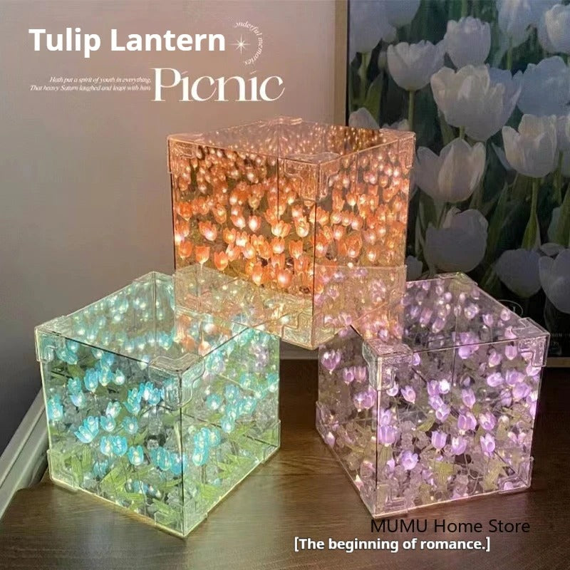 DIY Tulip Mirror Cube Lamp LED Night Light Mirror Table Lamps for Girlfriend Couple Girlfriends Table Lamps Bedroom Decoration