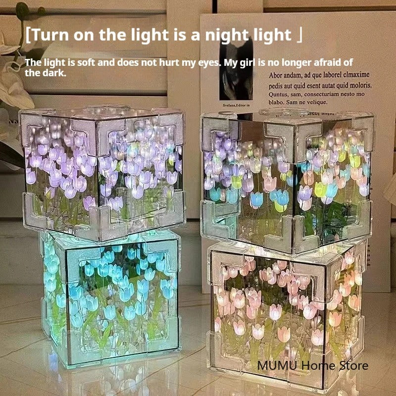 DIY Tulip Mirror Cube Lamp LED Night Light Mirror Table Lamps for Girlfriend Couple Girlfriends Table Lamps Bedroom Decoration